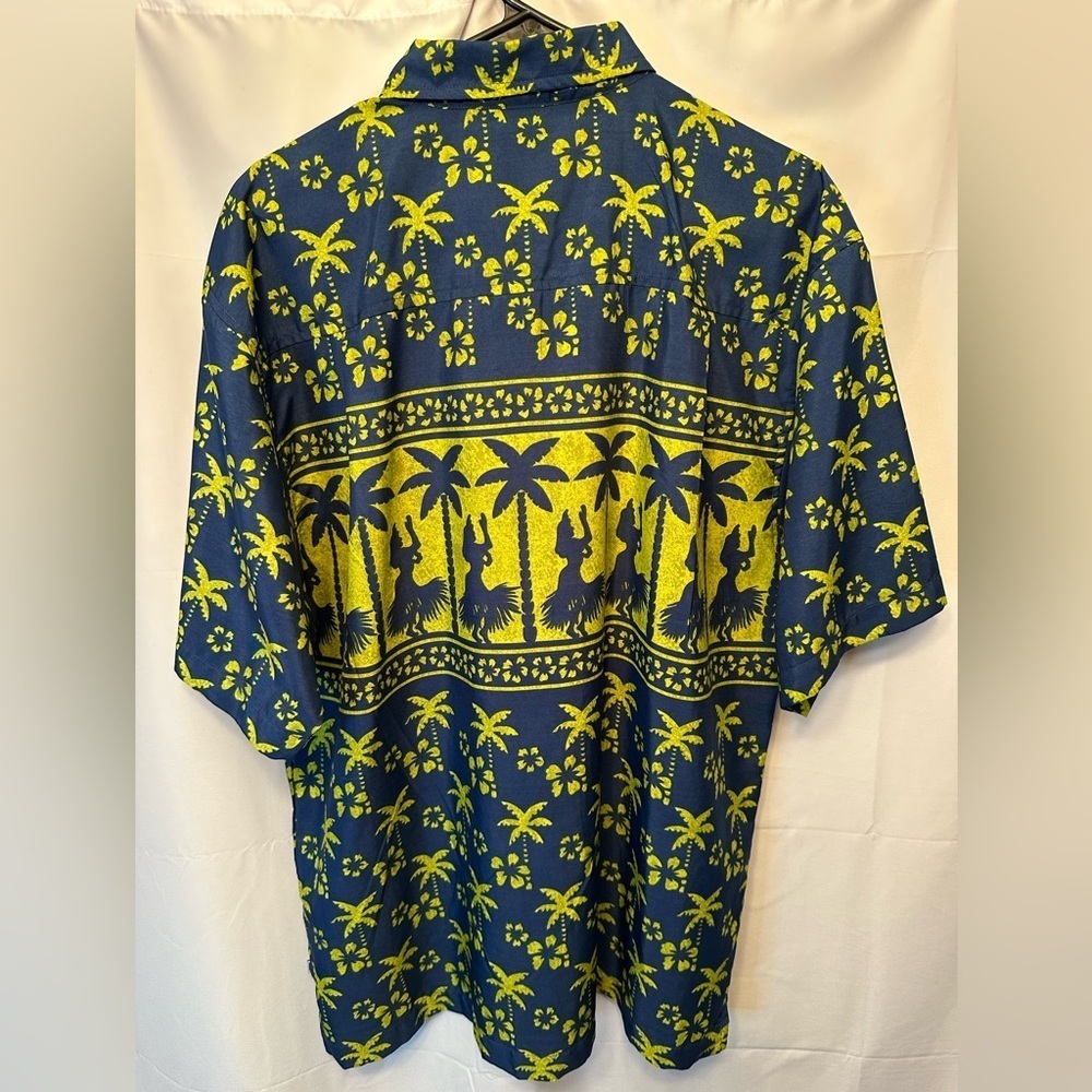 OP Men’s Hawaiian Shirt Size L/XL Button Up Hula Girl Tropical Blue Yellow - Picture 5 of 7